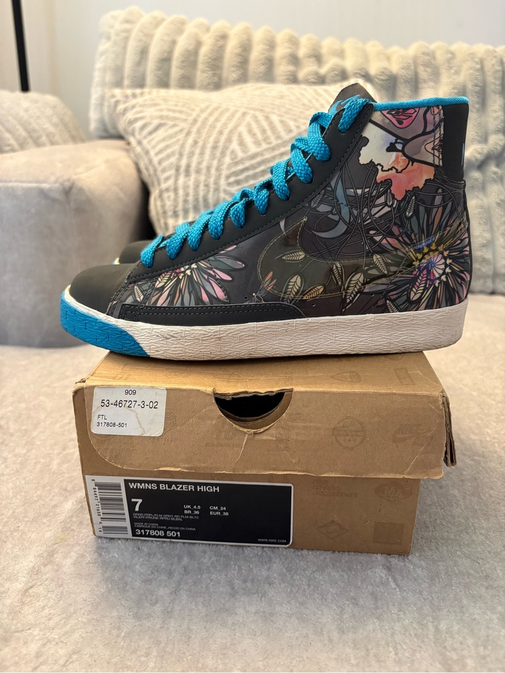 Nike Blazer Floral High-Top Sneaker with Bright Teal Laces